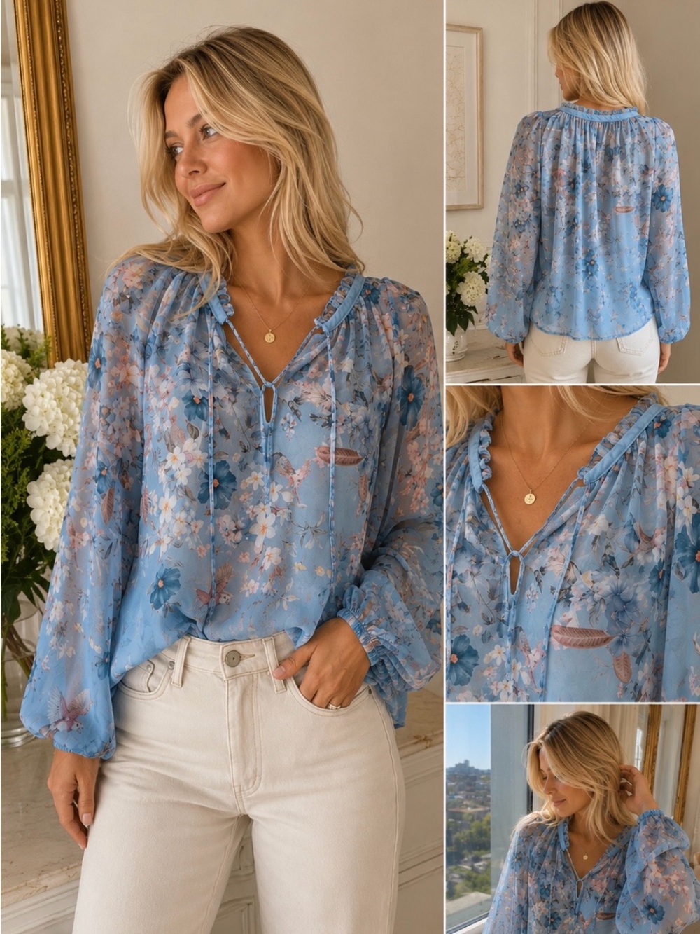 Made in Italy Floral Chiffon Peasant Blouse S/M
